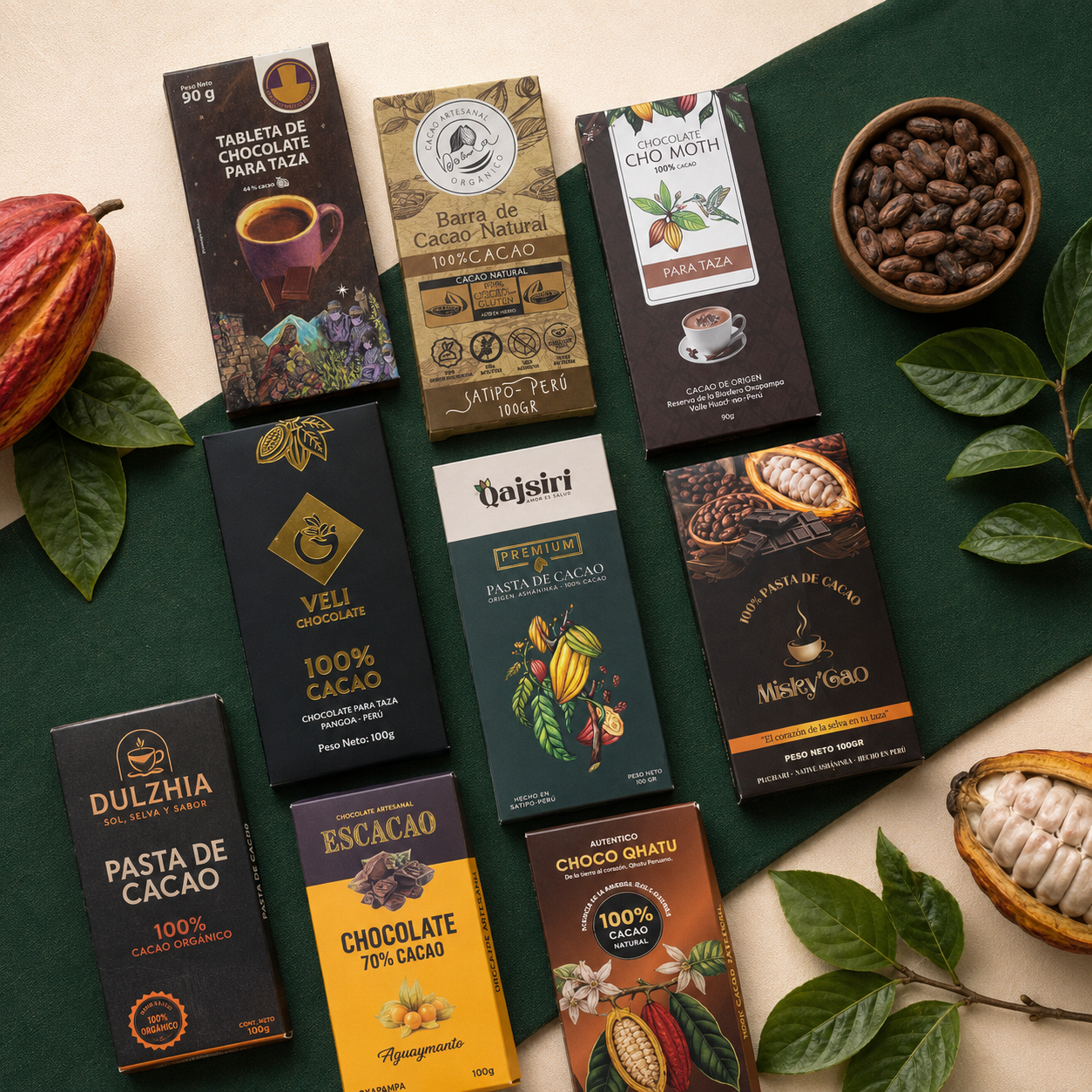 Composición de tabletas de chocolate artesanal peruano